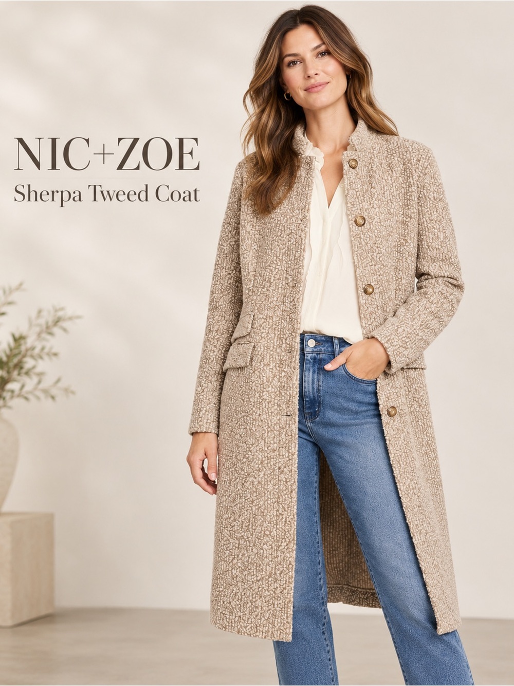 NIC+ZOE Women's Sherpa Tweed Coatigan Sweater Coat in Beige